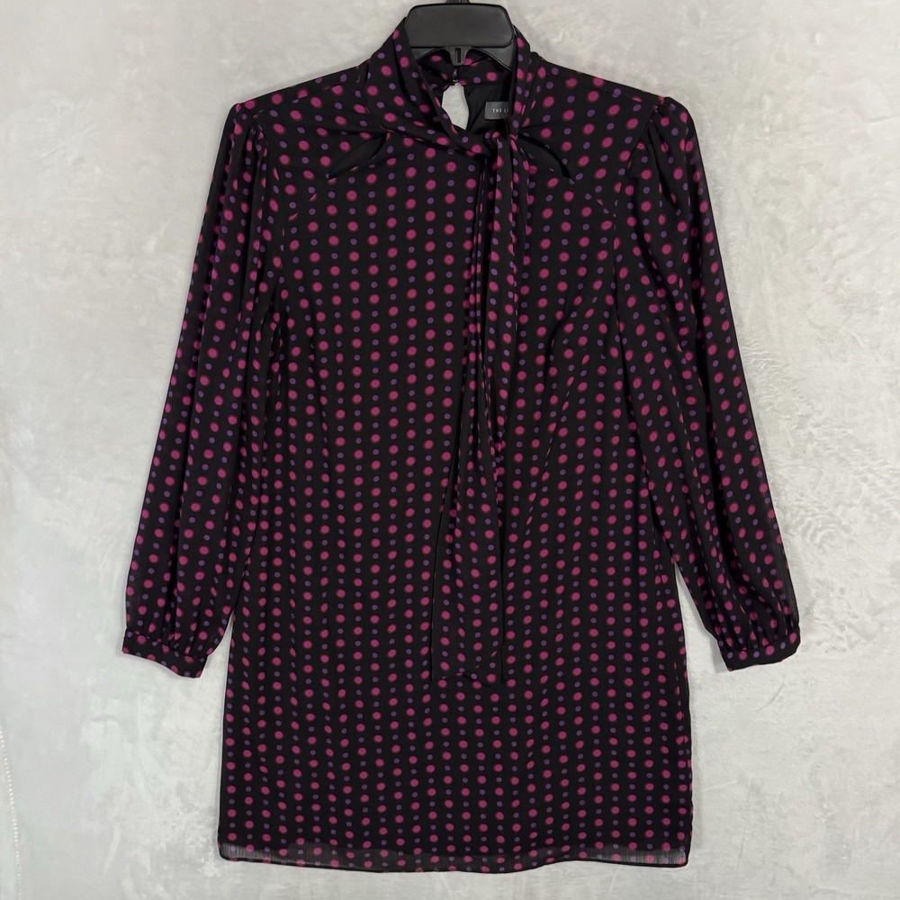 The Limited‎ Long Sleeve Tie Neck Shift Dress Size 10 Black Pink Polka Dot Retro - Picture 15 of 15
